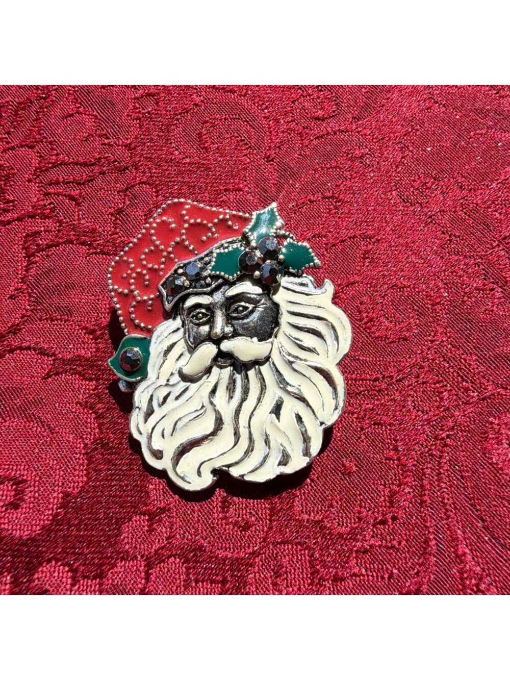 Vintage Santa Claus Brooch Pin Red White Enamel Black Rhinestone Holly Face 2"